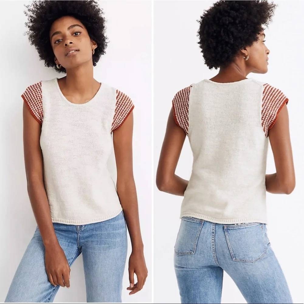 Madewell Kimble Stripe-Sleeve Antique Cream Short Sleeve Sweater Boxy Top S